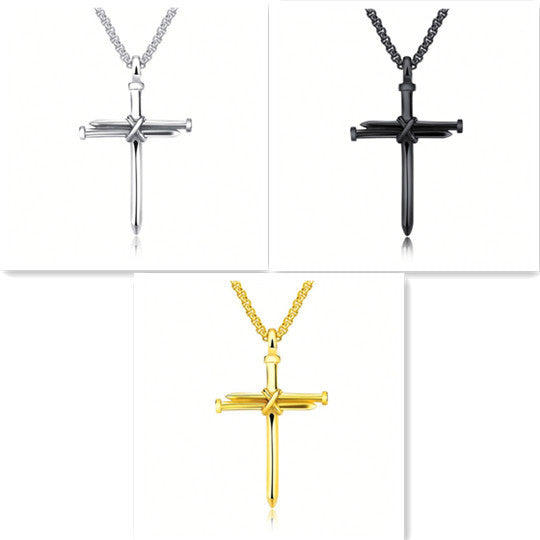 Steel Gold Black Color Fashion Mens Iron Nail Cross Pendant Necklace Stainless Steel 3mm Round Box Chain Jewelry Gift For Men - Heritage cosmetics and beauty care