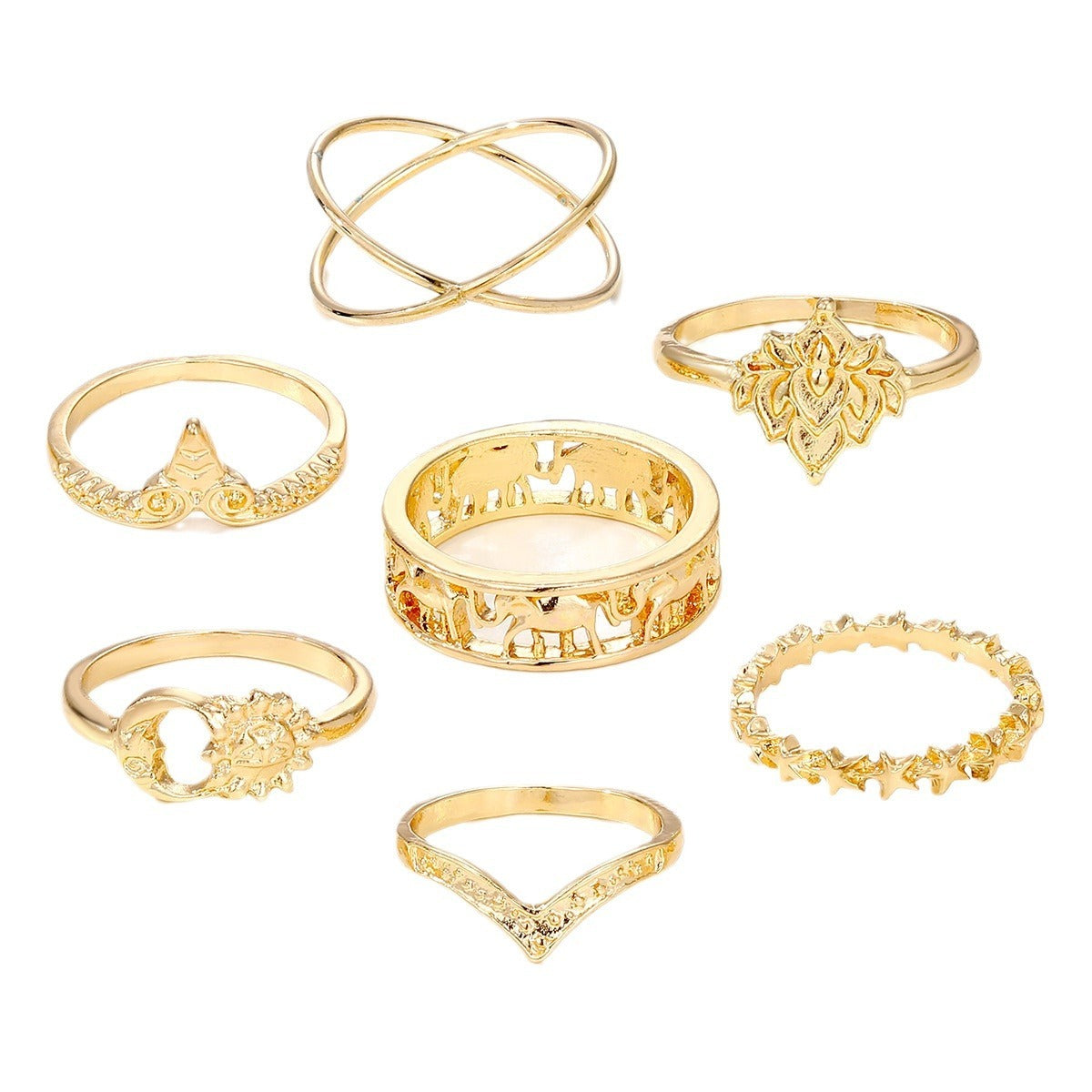 Retro Elephant Hollow Ring 7-piece Set Creative - Heritage cosmetics and beauty care