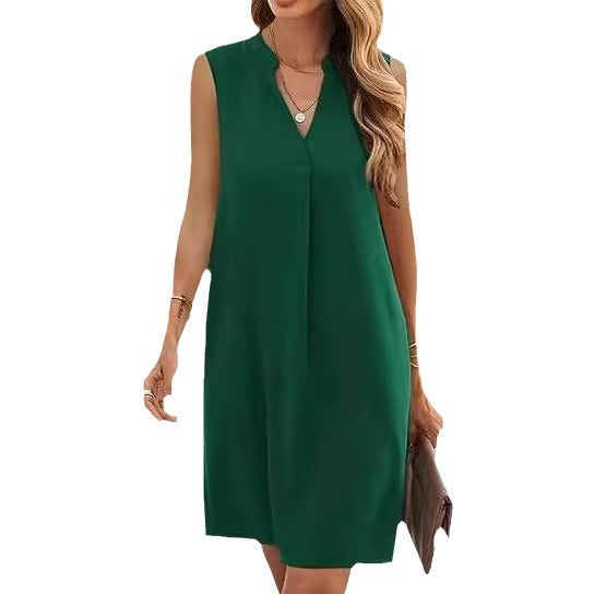 Sleeveless Elegant V-neck Loose Solid Color Dress Women - Heritage cosmetics and beauty care