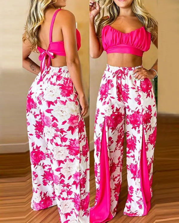 Women's Printed Contrast Wide Leg Pant Set - Heritage cosmetics and beauty care