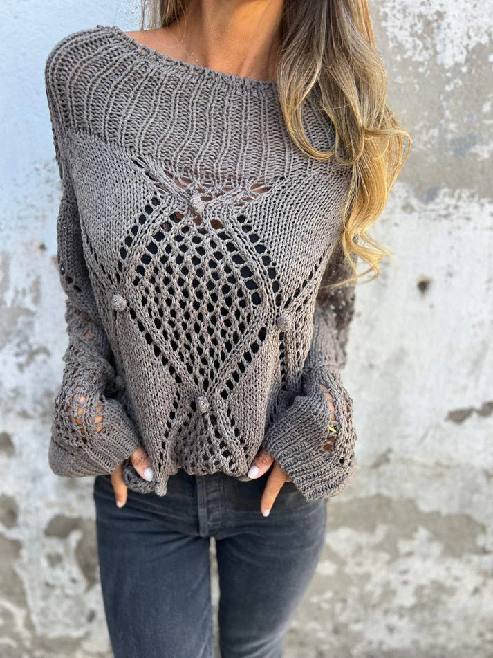 European And American Leisure Loose Hollow Out Sweater Round Neck Knitted Top - Heritage cosmetics and beauty care