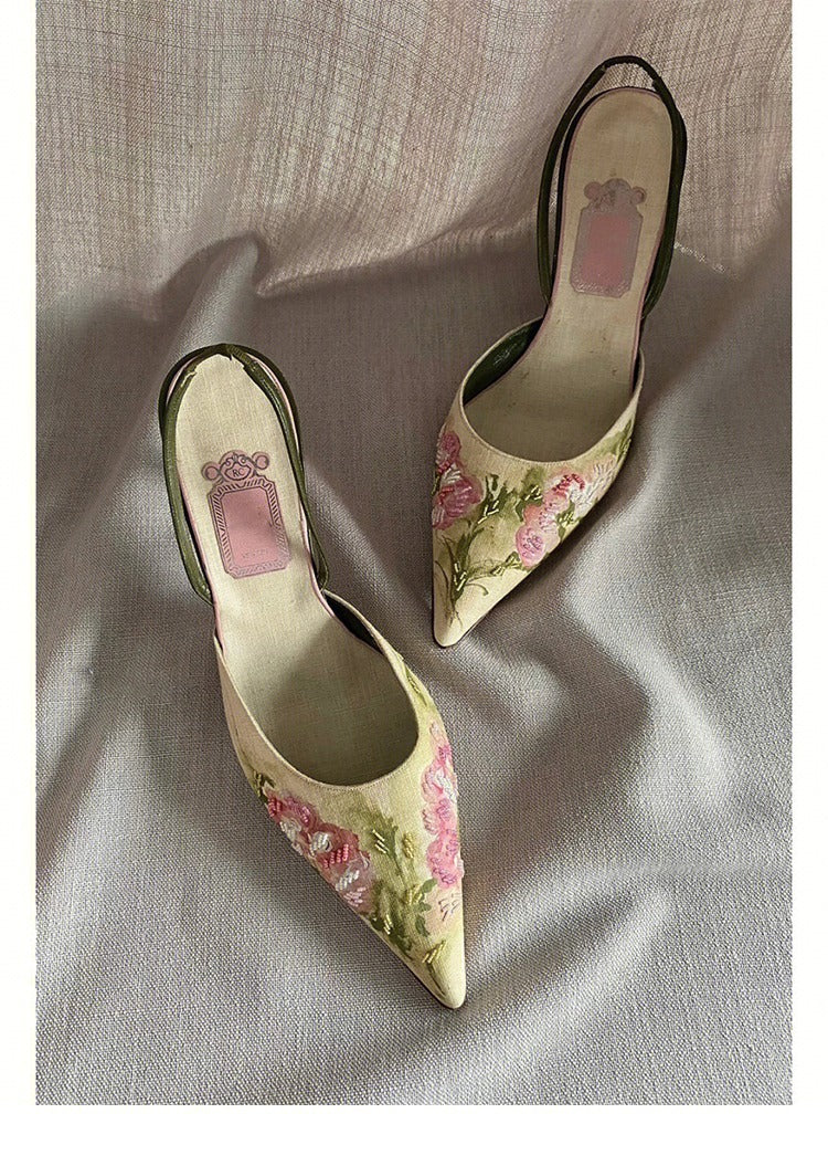 Vintage Pointed Embroidered High Heels - Heritage cosmetics and beauty care