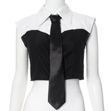 Lapel Cropped Contrast Color Shirt Top - Heritage cosmetics and beauty care