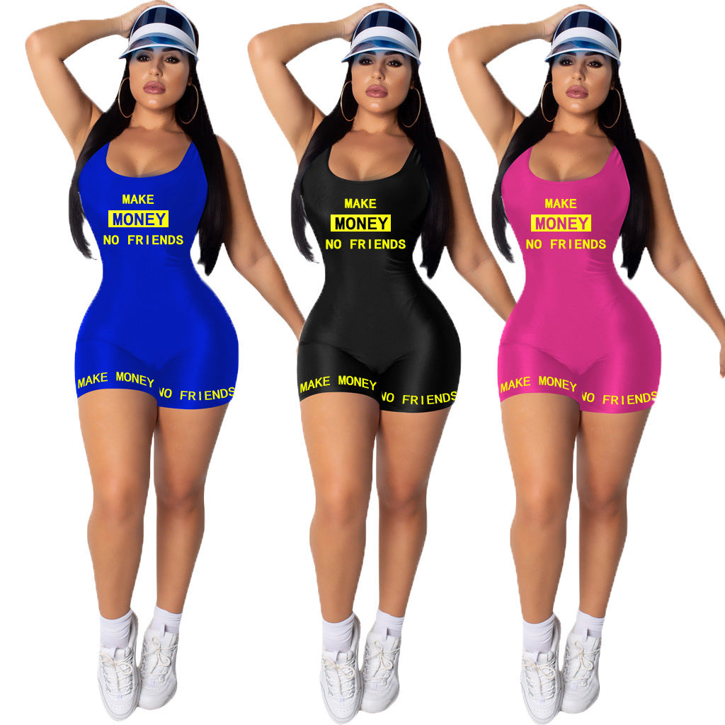 Women Casual Sports Jumpsuit Summer Sleeveless Vest Letter Print Bodysuits Sexy Fitness Fashion Rompers One Piece Outfits - Heritage cosmetics and beauty care