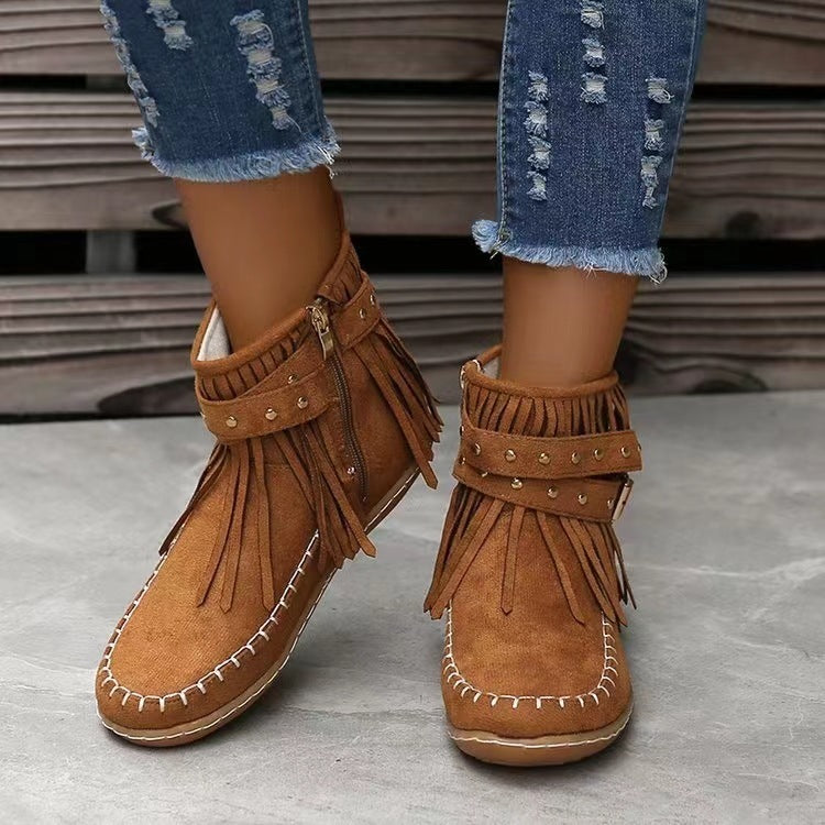 Retro Ankle Boots With Rivet Tassel Flat Shoes Women Winter Boots - Heritage cosmetics and beauty care