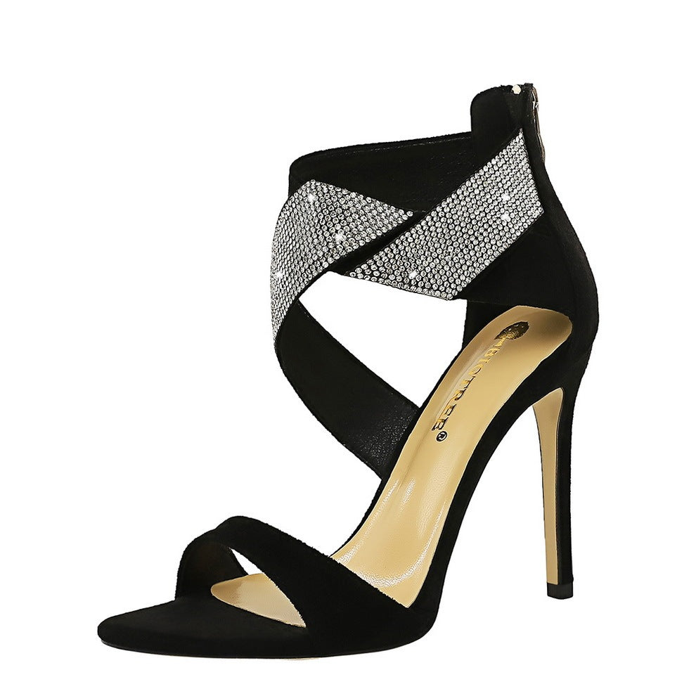 Suede cross rhinestone high heels - Heritage cosmetics and beauty care