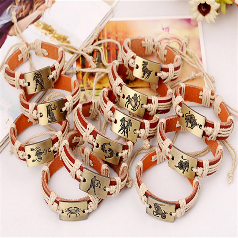 12 Constellation Alloy Bracelet Fashion Men’s And Women’s Bracelets Couple Bracelets Leather Bracelets