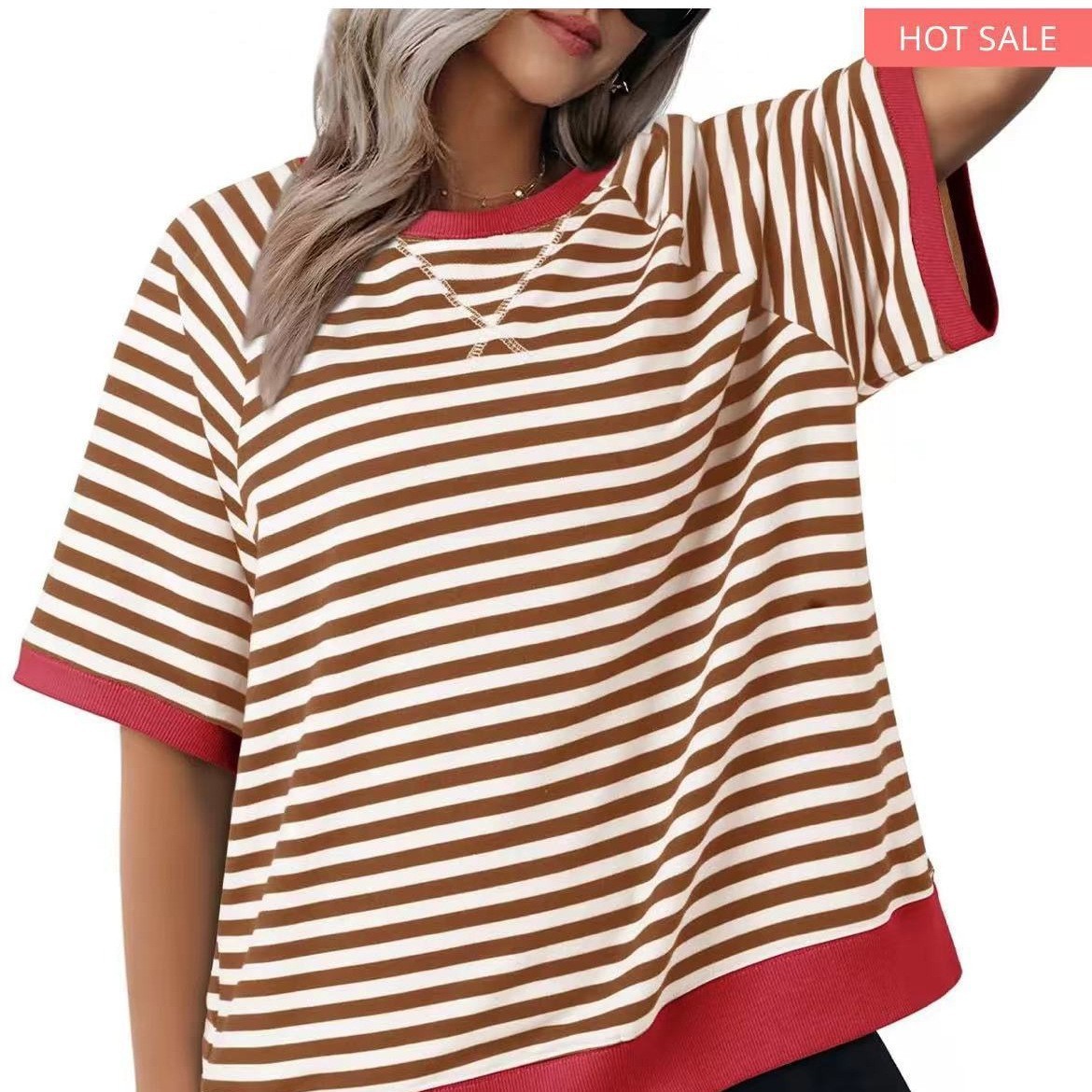 Women's Casual Versatile Striped Loose T-shirt - Heritage cosmetics and beauty care