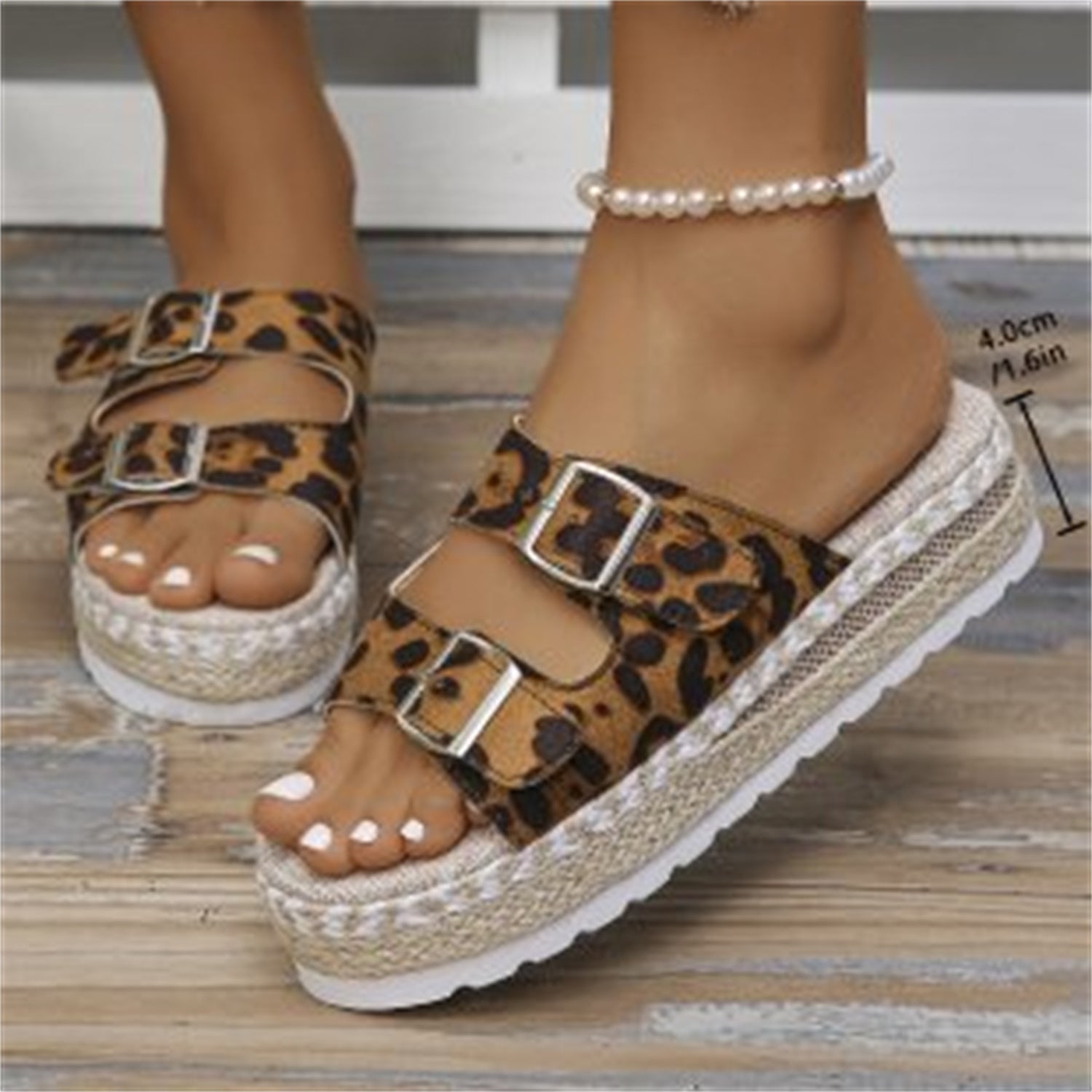 Summer Double Buckle Leopard Print Flat Sandals Hemp Thick-soled Sandals Seaside Vacation Beach Shoes For Women Heritage cosmetics and beauty care