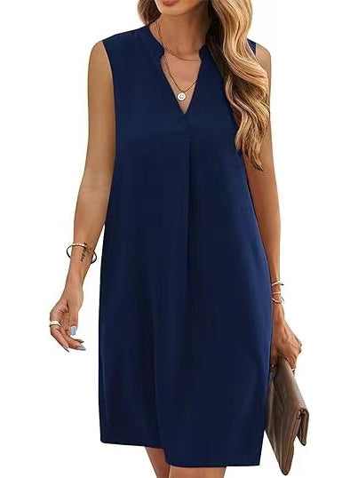 Sleeveless Elegant V-neck Loose Solid Color Dress Women - Heritage cosmetics and beauty care