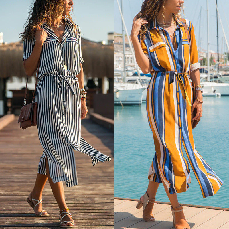 Stripe Shirt Women's Dress Spring Summer Chiffon V-neck Sexy Maxi Dresses Sexy Elegant Casual Girl Lace Women Long Sleeve Heritage cosmetics and beauty care