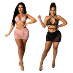 ANJAMANOR Sexy 2 Piece Set Bling Rhinestones Sheer Mesh Ruched Mini Skirts Club Outfits Women Summer Clothing D57-CG15 - Heritage cosmetics and beauty care