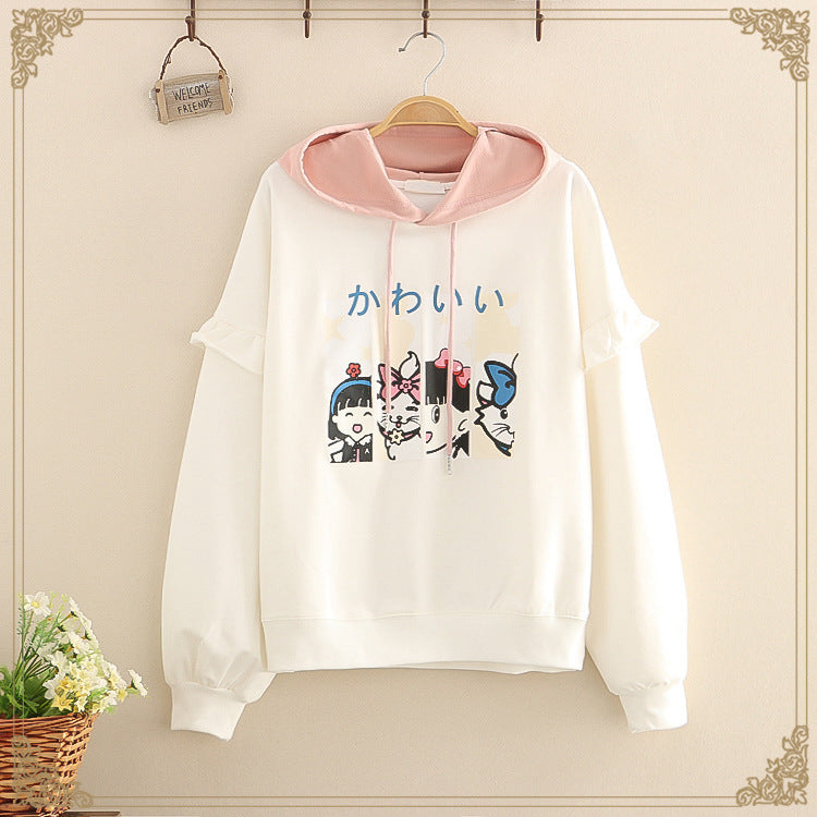 Ruffles Patchwork Cartoon Print Casual Hoodies Cotton Hooded - Heritage cosmetics and beauty care