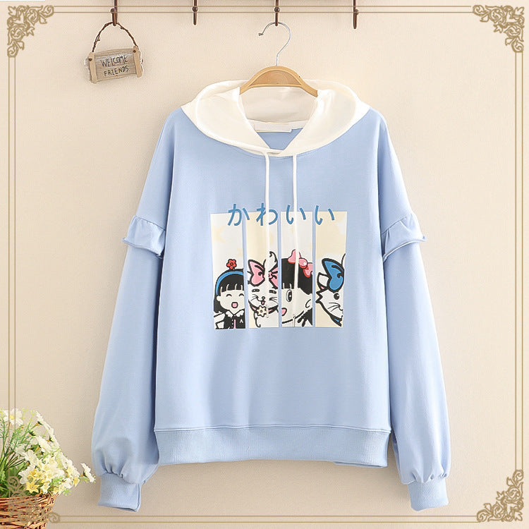 Ruffles Patchwork Cartoon Print Casual Hoodies Cotton Hooded - Heritage cosmetics and beauty care