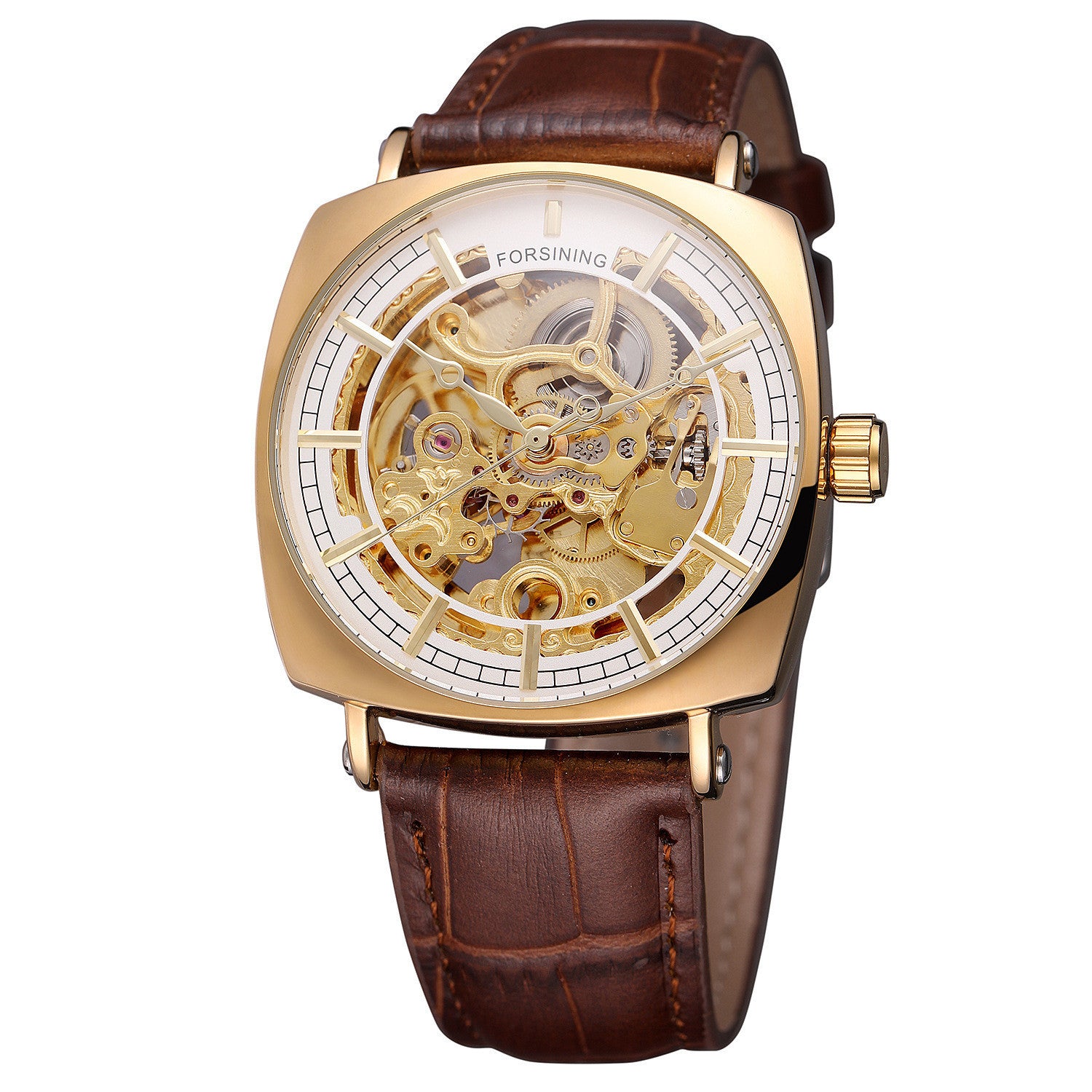 Forsining Black Genuine Leather Fashion Royal Luxury Gold Clock Transparent Skeleton Men Automatic Mechanical Watches Top Brand - Heritage cosmetics and beauty care