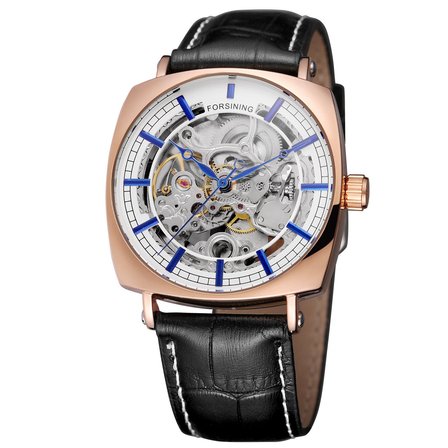 Forsining Black Genuine Leather Fashion Royal Luxury Gold Clock Transparent Skeleton Men Automatic Mechanical Watches Top Brand - Heritage cosmetics and beauty care