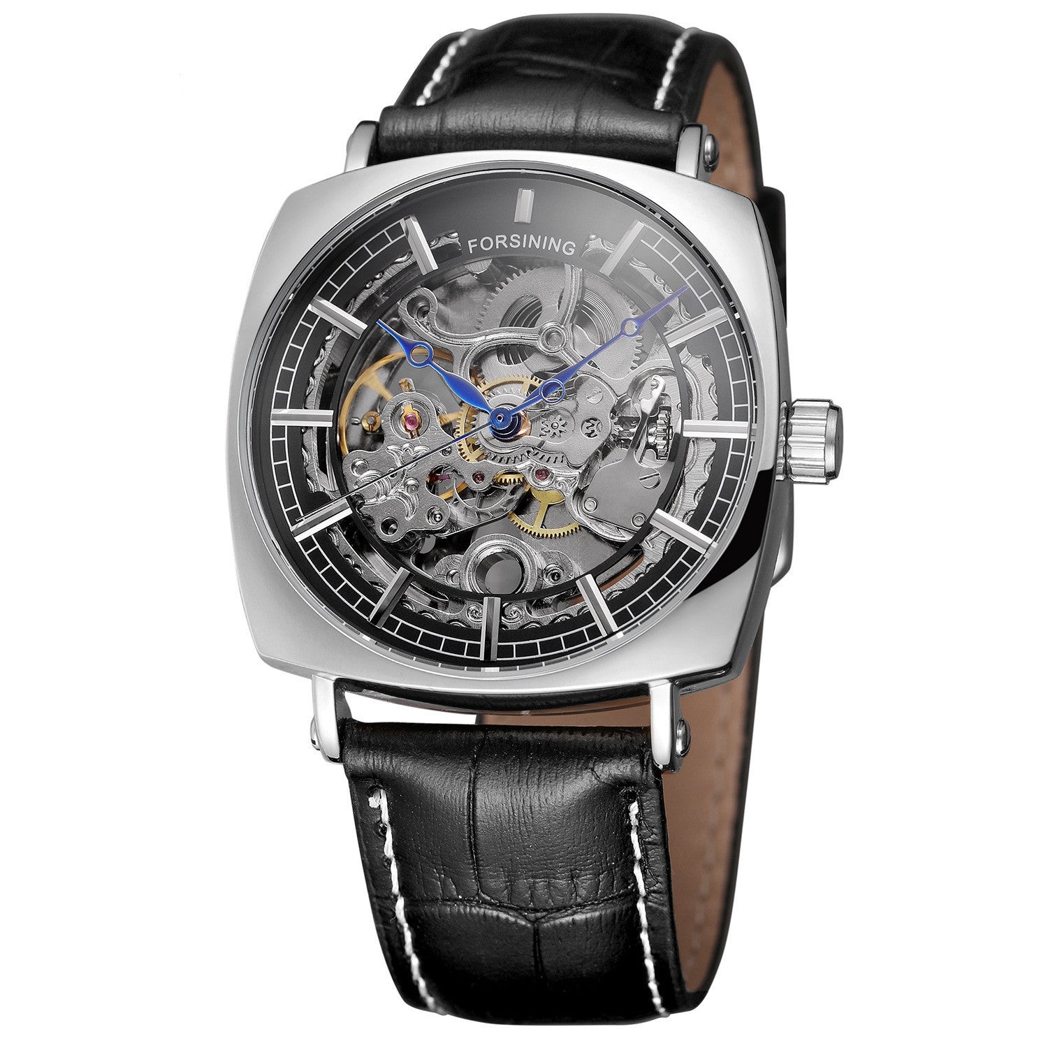 Forsining Black Genuine Leather Fashion Royal Luxury Gold Clock Transparent Skeleton Men Automatic Mechanical Watches Top Brand - Heritage cosmetics and beauty care