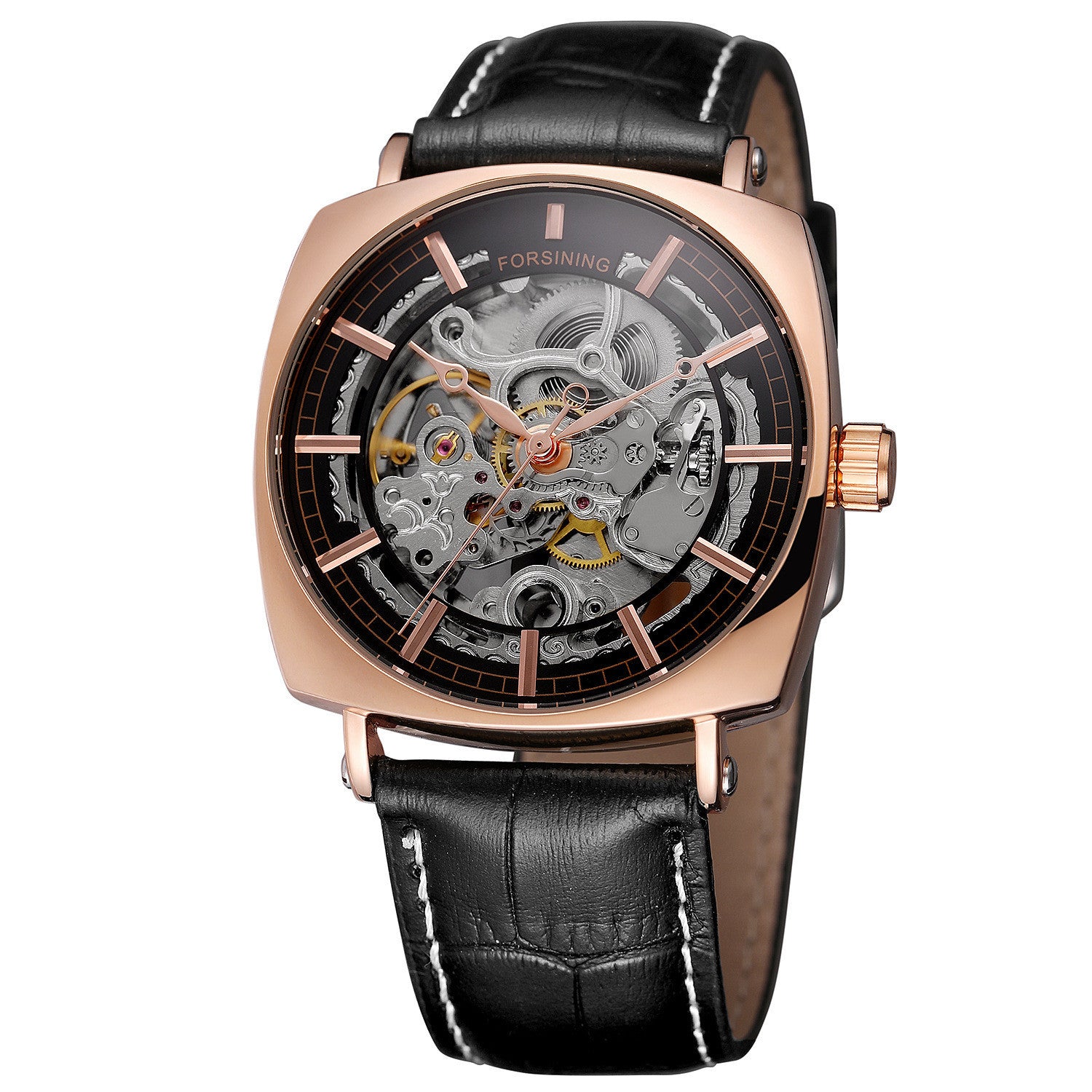 Forsining Black Genuine Leather Fashion Royal Luxury Gold Clock Transparent Skeleton Men Automatic Mechanical Watches Top Brand - Heritage cosmetics and beauty care