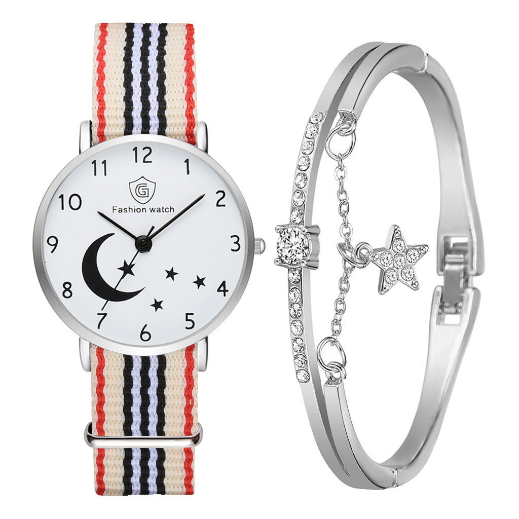 Fashion Watch For Women Bracelet Set Casual Canvas Strap Ladies Watches Moon Stars Pattern Quartz Wristwatches Female Gift Clock - Heritage cosmetics and beauty care