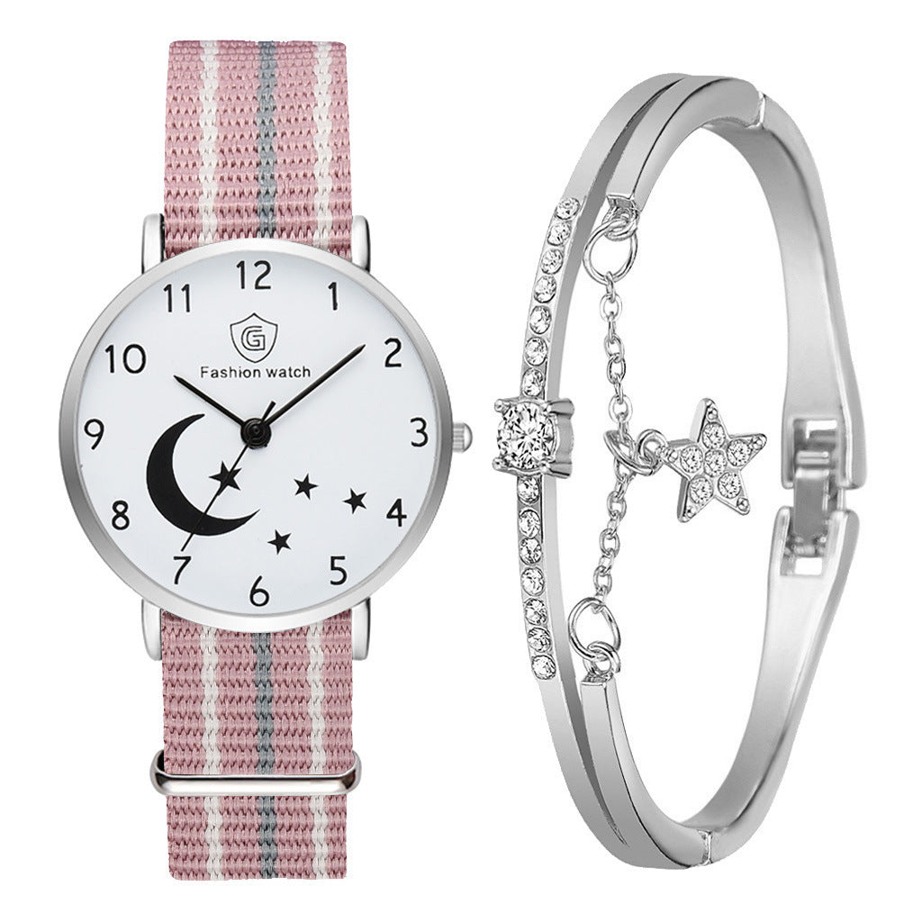 Fashion Watch For Women Bracelet Set Casual Canvas Strap Ladies Watches Moon Stars Pattern Quartz Wristwatches Female Gift Clock - Heritage cosmetics and beauty care