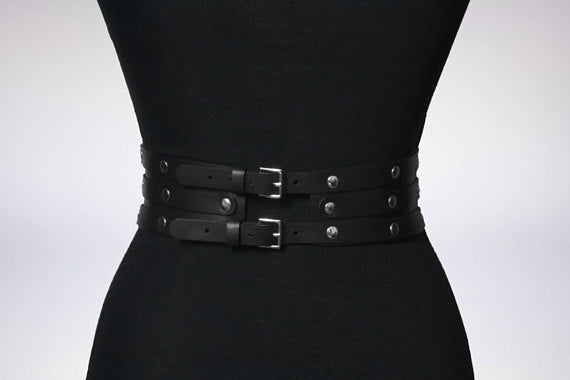 Women Black Leather Waist Belts Sexy Body Harness 3 Layer PU Metal Hoop Patchwork Rivet Belt for Lady - Heritage cosmetics and beauty care