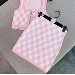 Spring New Sleeveless Square Neck Tank Tops Short Mini Skirt Pink Plaid Knitted Two Piece Set Women Outfits - Heritage cosmetics and beauty care