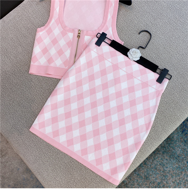 Spring New Sleeveless Square Neck Tank Tops Short Mini Skirt Pink Plaid Knitted Two Piece Set Women Outfits - Heritage cosmetics and beauty care