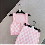 Spring New Sleeveless Square Neck Tank Tops Short Mini Skirt Pink Plaid Knitted Two Piece Set Women Outfits - Heritage cosmetics and beauty care