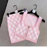 Spring New Sleeveless Square Neck Tank Tops Short Mini Skirt Pink Plaid Knitted Two Piece Set Women Outfits - Heritage cosmetics and beauty care