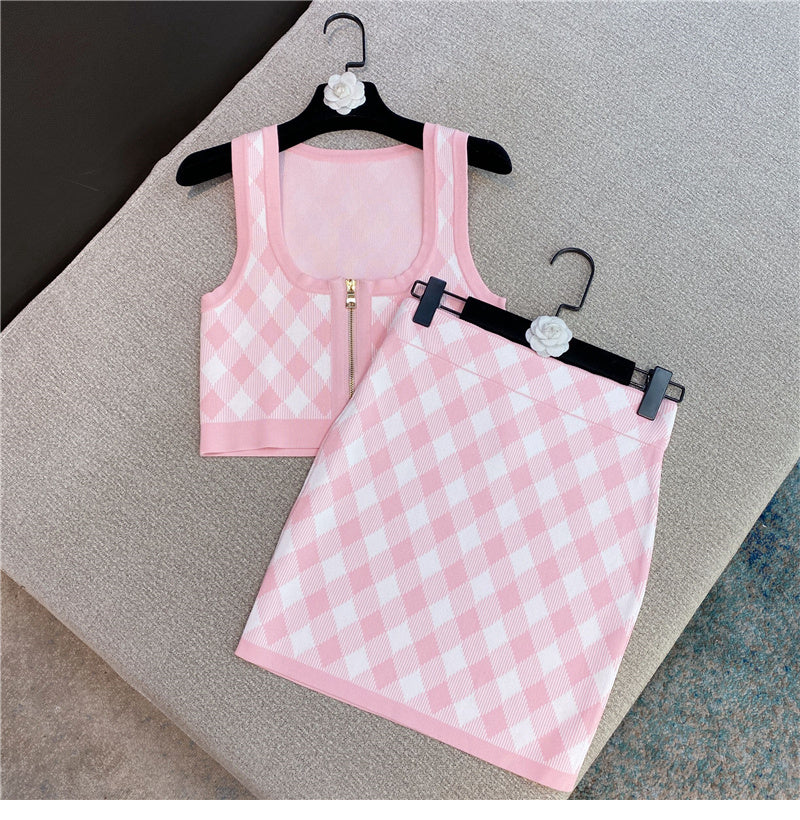 Spring New Sleeveless Square Neck Tank Tops Short Mini Skirt Pink Plaid Knitted Two Piece Set Women Outfits - Heritage cosmetics and beauty care