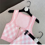 Spring New Sleeveless Square Neck Tank Tops Short Mini Skirt Pink Plaid Knitted Two Piece Set Women Outfits - Heritage cosmetics and beauty care