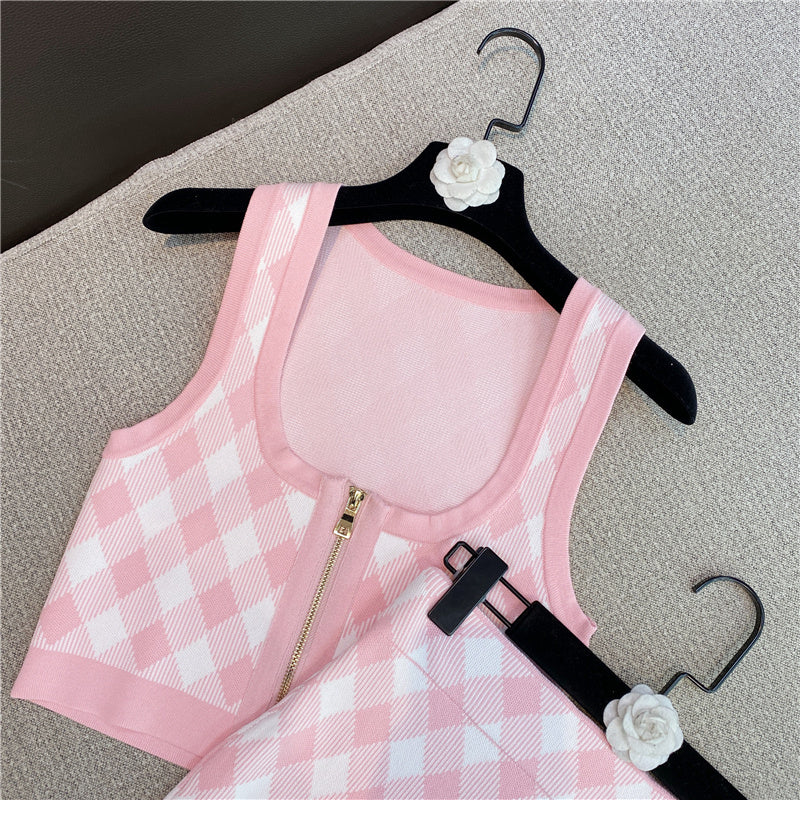 Spring New Sleeveless Square Neck Tank Tops Short Mini Skirt Pink Plaid Knitted Two Piece Set Women Outfits - Heritage cosmetics and beauty care