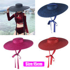 GEMVIE Black Wide Brim Flat Top Straw Hat Summer Hats For Women Ribbon Beach  Boater Fashionable Sun Hat With Chin Strap - Heritage cosmetics and beauty care