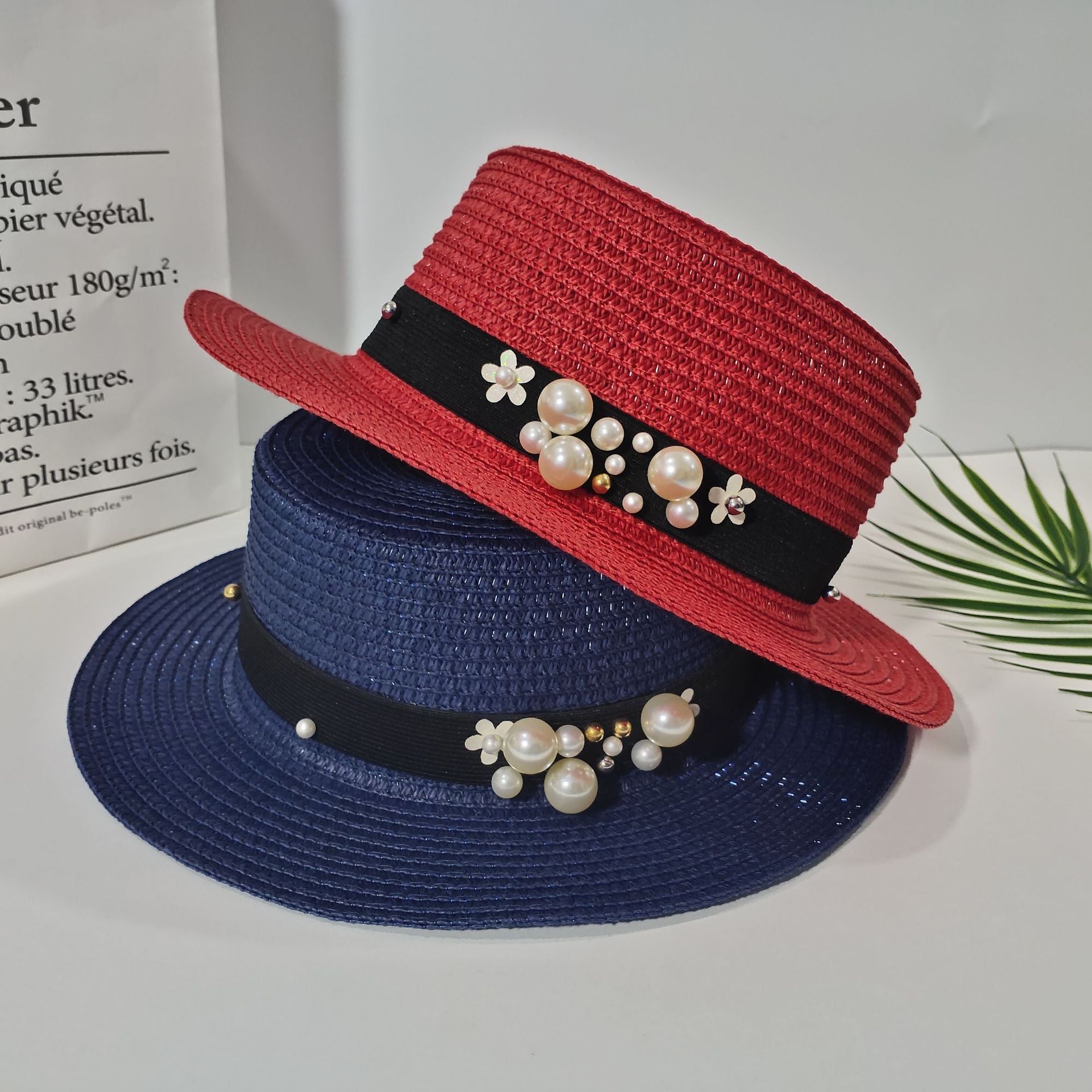 Parent-child Sun Hat Cute Children Sun Hats Pearl Bow Hand Made Women Straw - Heritage cosmetics and beauty care