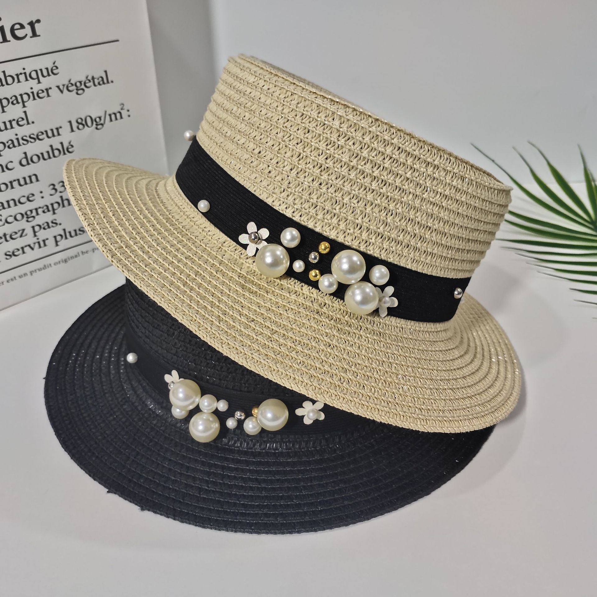 Parent-child Sun Hat Cute Children Sun Hats Pearl Bow Hand Made Women Straw - Heritage cosmetics and beauty care