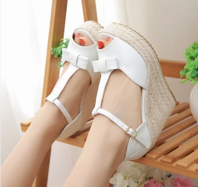 Sandals Women Summer Straw Woven Wedge High Heel Sandals Waterproof Platform Platform Sandals Fish Mouth T Buckle - Heritage cosmetics and beauty care