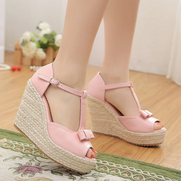 Sandals Women Summer Straw Woven Wedge High Heel Sandals Waterproof Platform Platform Sandals Fish Mouth T Buckle - Heritage cosmetics and beauty care