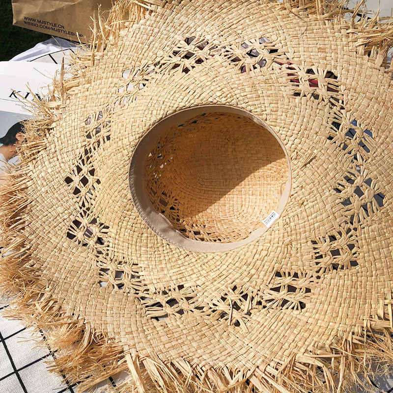 Women Summer Natural Raffia Straw Hat Girl Fashion Ribbon Floppy Shading Panama Wide Brim Sun Hats Vacation Travel Beach Hat - Heritage cosmetics and beauty care