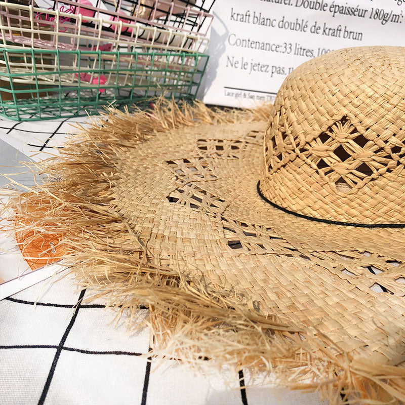 Women Summer Natural Raffia Straw Hat Girl Fashion Ribbon Floppy Shading Panama Wide Brim Sun Hats Vacation Travel Beach Hat - Heritage cosmetics and beauty care