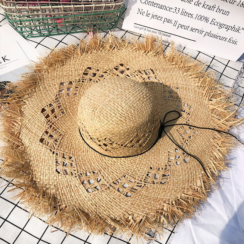 Women Summer Natural Raffia Straw Hat Girl Fashion Ribbon Floppy Shading Panama Wide Brim Sun Hats Vacation Travel Beach Hat - Heritage cosmetics and beauty care