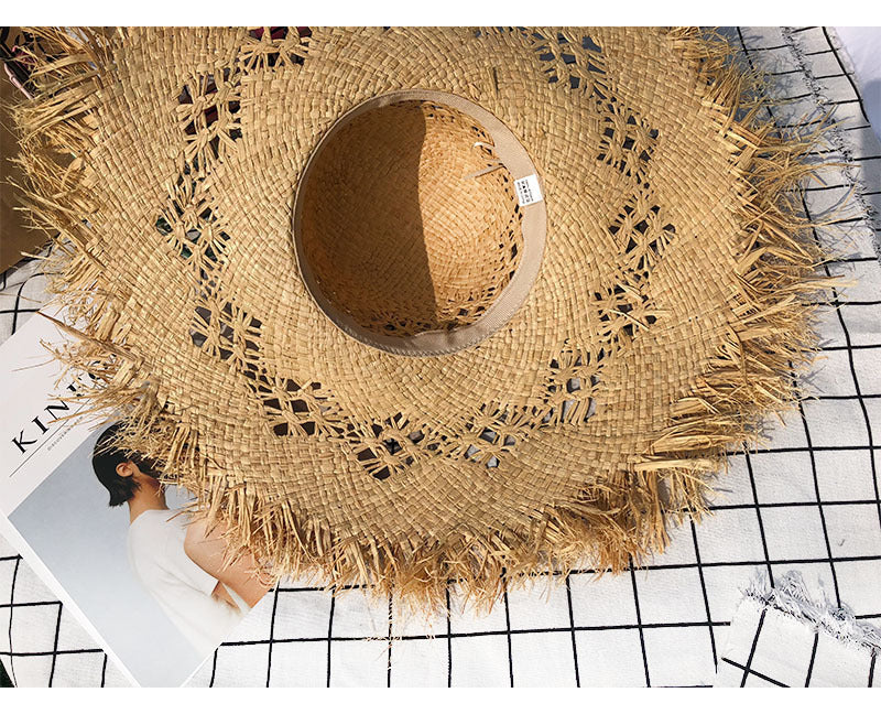 Women Summer Natural Raffia Straw Hat Girl Fashion Ribbon Floppy Shading Panama Wide Brim Sun Hats Vacation Travel Beach Hat - Heritage cosmetics and beauty care