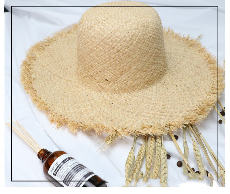 Summer Beach Raffia Black White Ribbon Hat Bow Raffia Hat Temperament Flat Straw Hats - Heritage cosmetics and beauty care