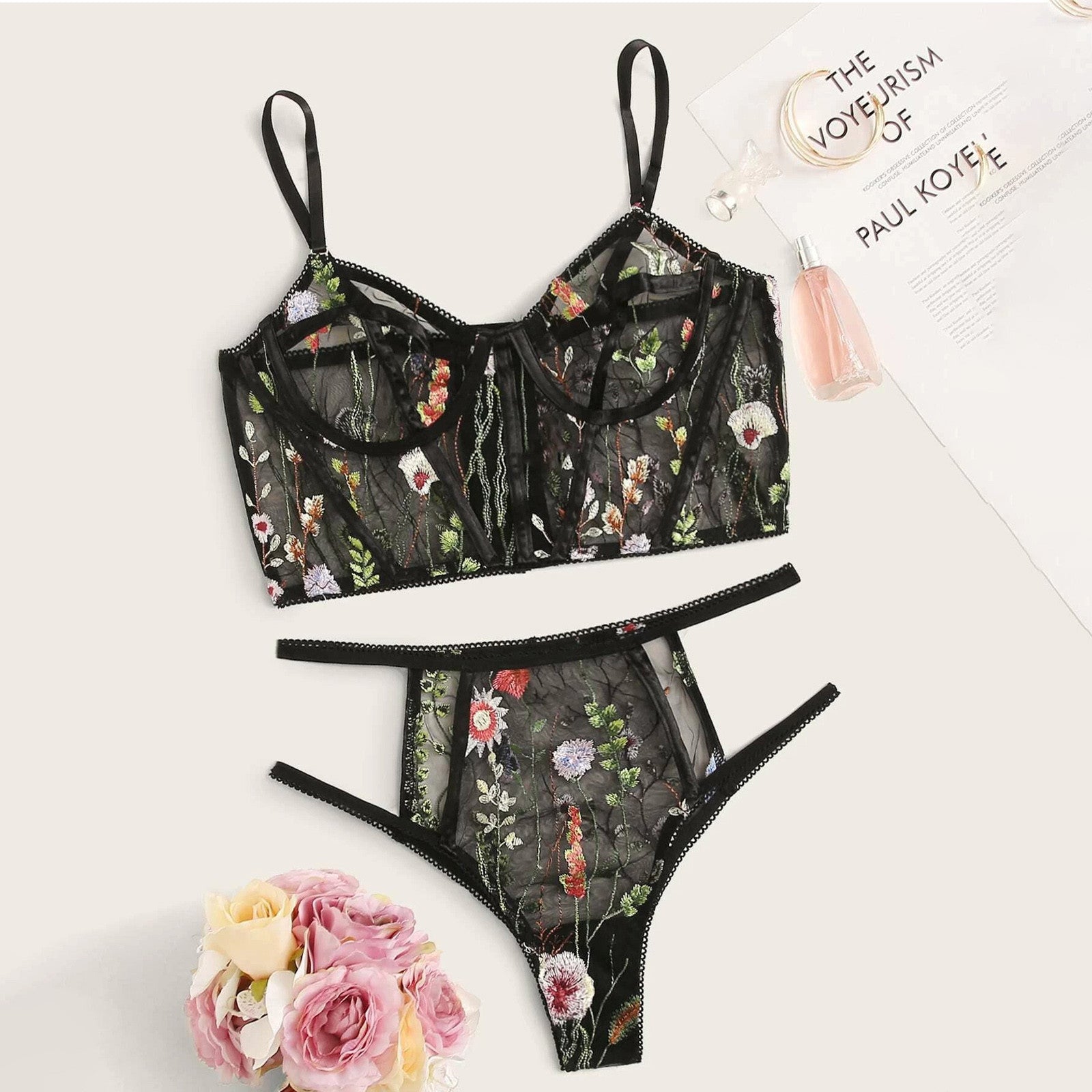 Sexy Lingerie Women Underwear Set Mesh See-through Floral Embroidery Bra Set Ladies Temptation Seamless Bra And Brief Sets 2Pcs - Heritage cosmetics and beauty care