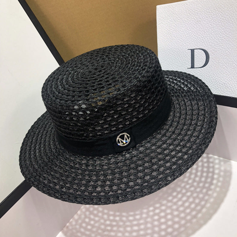 HT208 Retro Wide Brim Letter M Straw Hat Ladies Sun Hats Travel - Heritage cosmetics and beauty care