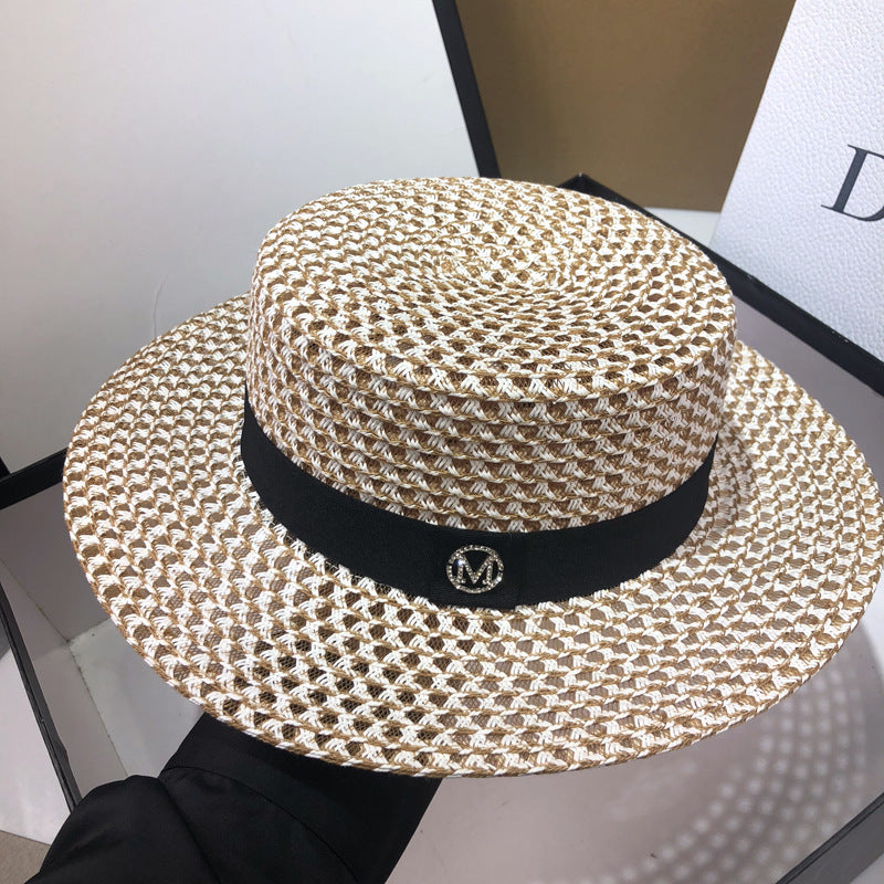 HT208 Retro Wide Brim Letter M Straw Hat Ladies Sun Hats Travel - Heritage cosmetics and beauty care