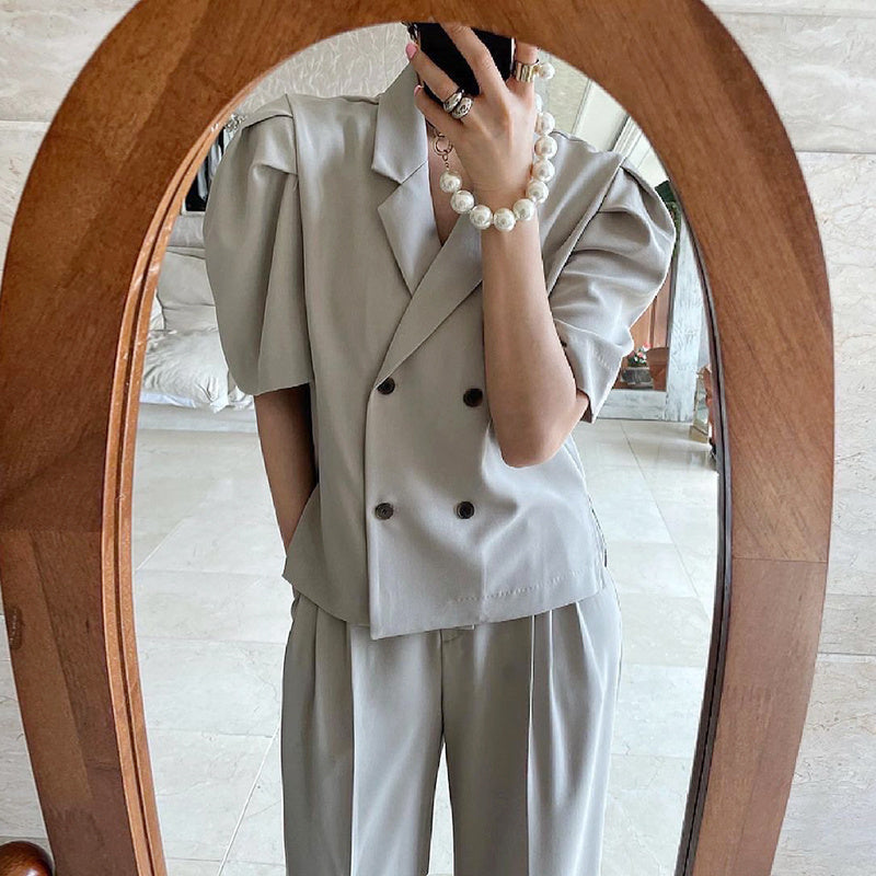 Simple Lapel Double-breasted Puff Sleeve Blazer  High-waist Pleated Casual Trousers Trousers Women - Heritage cosmetics and beauty care