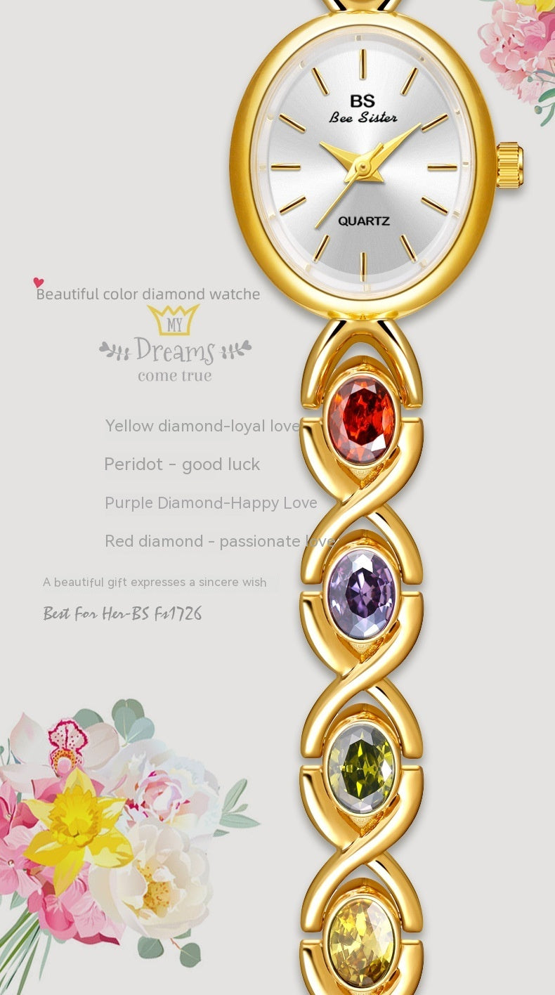 Mid-ancient Fashion Oval Colored Gems Rainbow Light Luxury Watch - Heritage cosmetics and beauty care