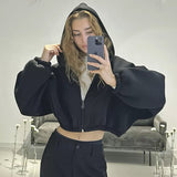 Casual Solid Color Hooded Short Jacket Y2K Fashion Sports Sweatshirt Long Sleeve Zip Up Cardigan Hoodies Women's Clothing - Heritage cosmetics and beauty care