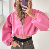 Casual Solid Color Hooded Short Jacket Y2K Fashion Sports Sweatshirt Long Sleeve Zip Up Cardigan Hoodies Women's Clothing - Heritage cosmetics and beauty care