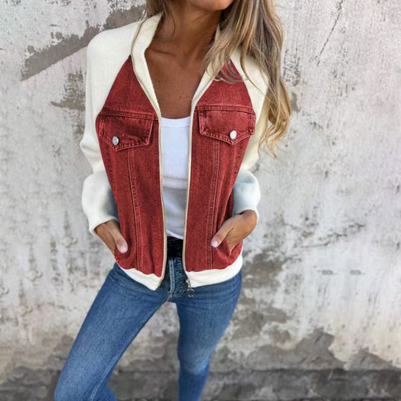 Fashion Denim Patchwork Jacket Casual Hooded Zipper Jacket Women's Clothing - Heritage cosmetics and beauty care